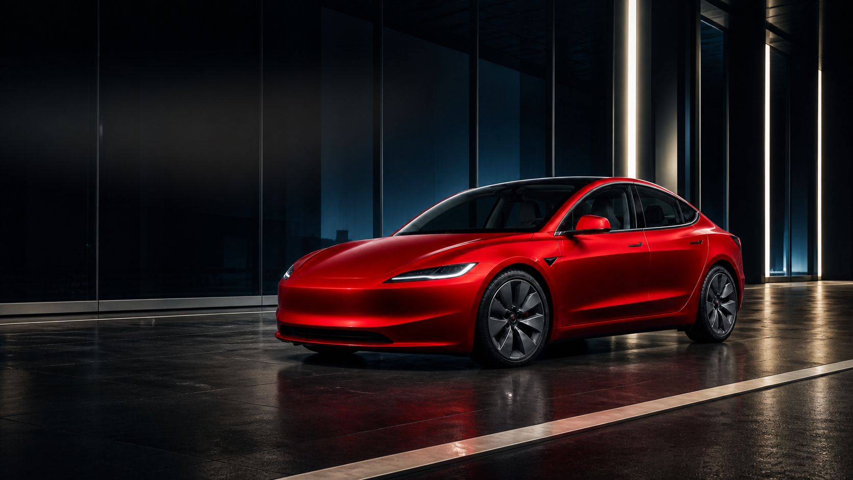 红色 Model 3 从车头到车尾的完整车身原创概念图